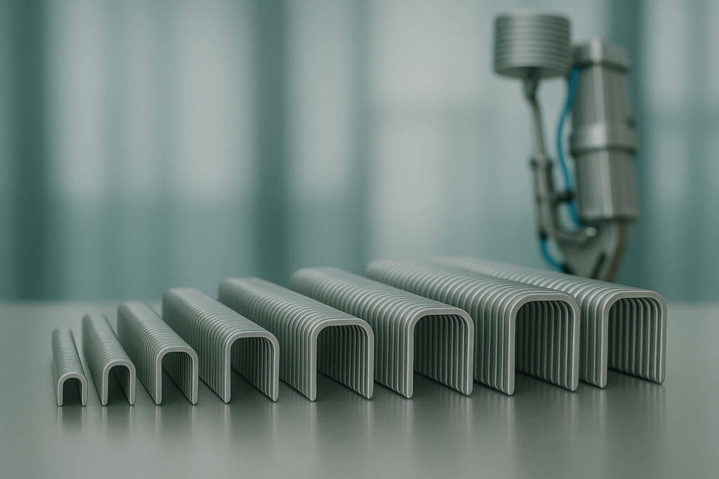 Equipo de grapado industrial aplicando grapas de aluminio para el empaque de alimentos en ambiente higiénico