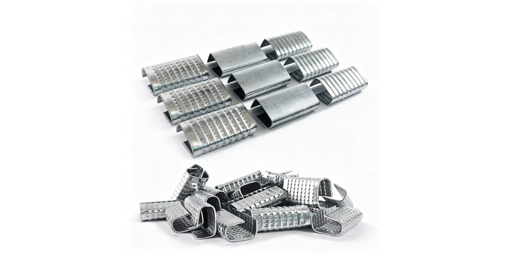 Vista detallada de grapas metálicas de alta resistencia para fleje, utilizadas en procesos de embalaje industrial para asegurar la protección y estabilidad de mercancías en el sector B2B. Tecnometales Onis CNC