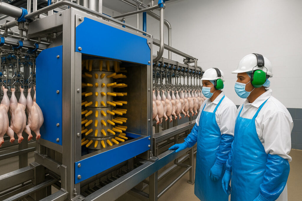 Operarios supervisando línea de procesamiento avícola automatizada con máquina desplumadora industrial equipada con dedos desplumadores, ambiente limpio y eficiente en planta de Costa Rica.
